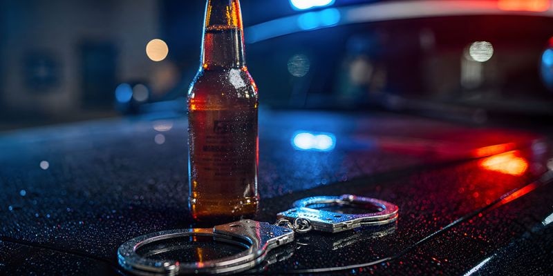 Beer bottle and handcuffs on wet police car with flashing lights, symbolizing DUI and law enforcement.