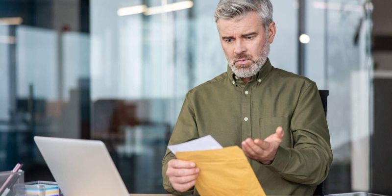 a man holding a piece of paper in front of a laptop