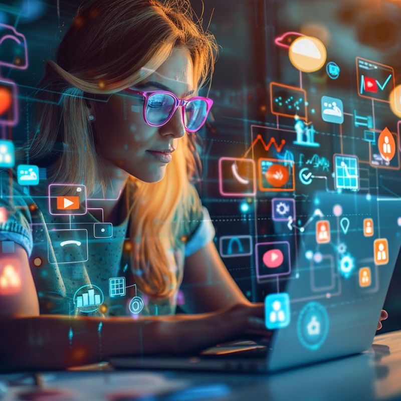 Woman with glasses using laptop, surrounded by colorful digital icons, representing technology and social media interaction.