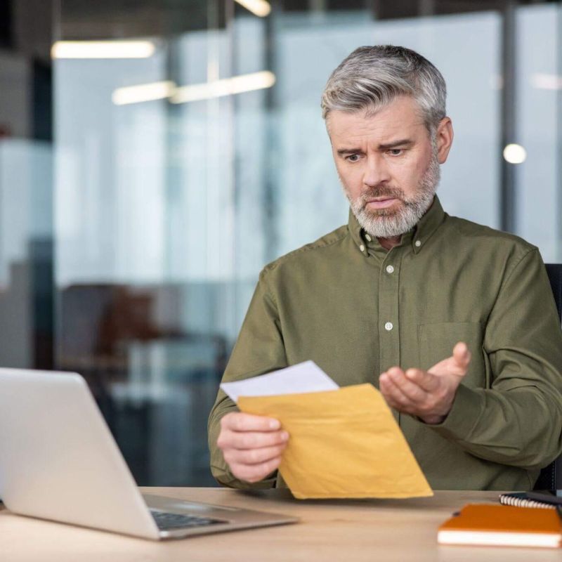 a man holding a piece of paper in front of a laptop