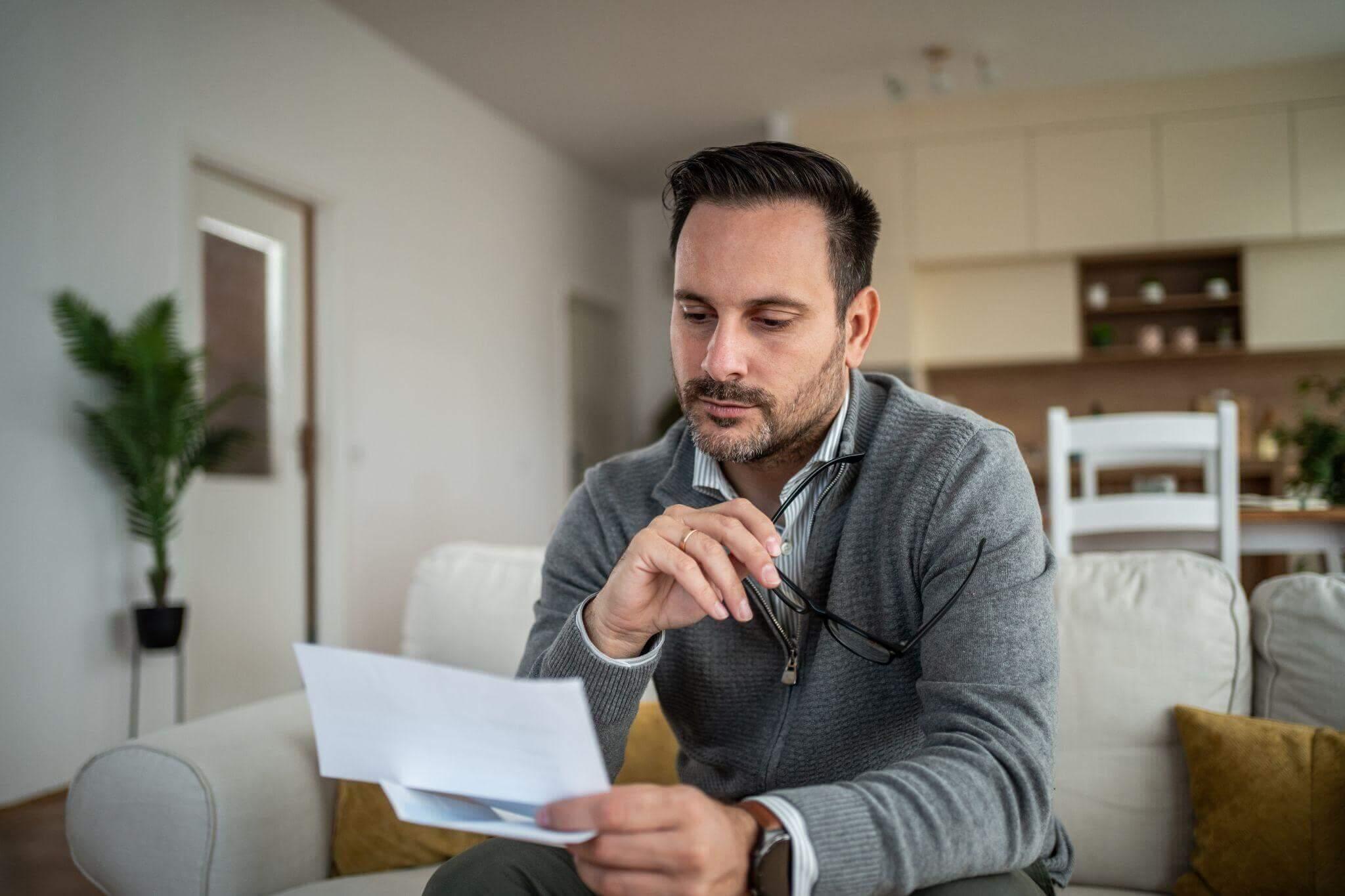 a man sitting on a couch looking at a piece of paper